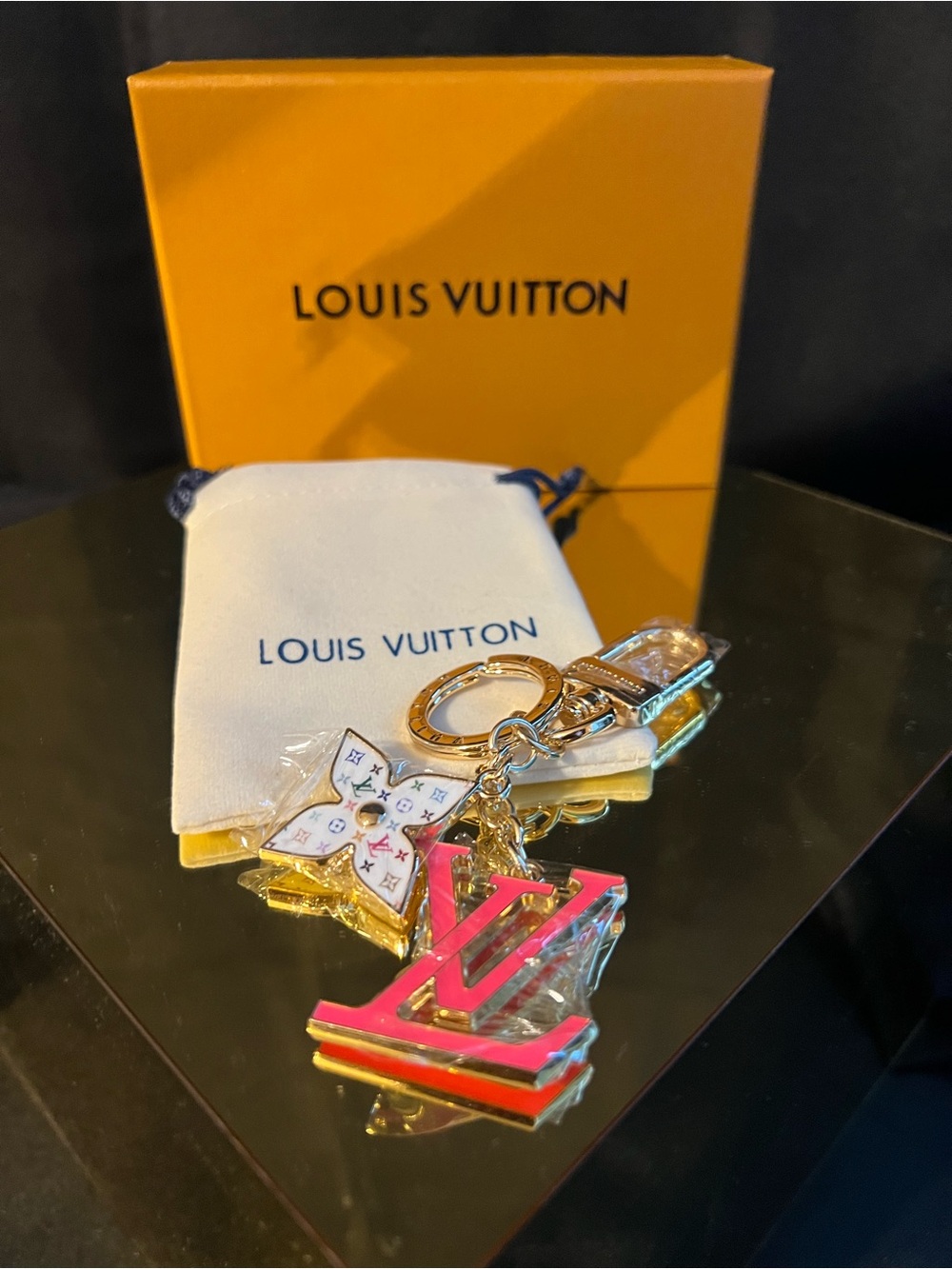 Louis Vuitton Pink & White Monogram LV Logo Bag Charm Box & Dust Bag Included